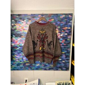 Vintage 80s 90s JJ Cochran  Geometric Bird Pattern Knit Sweater L multicolor